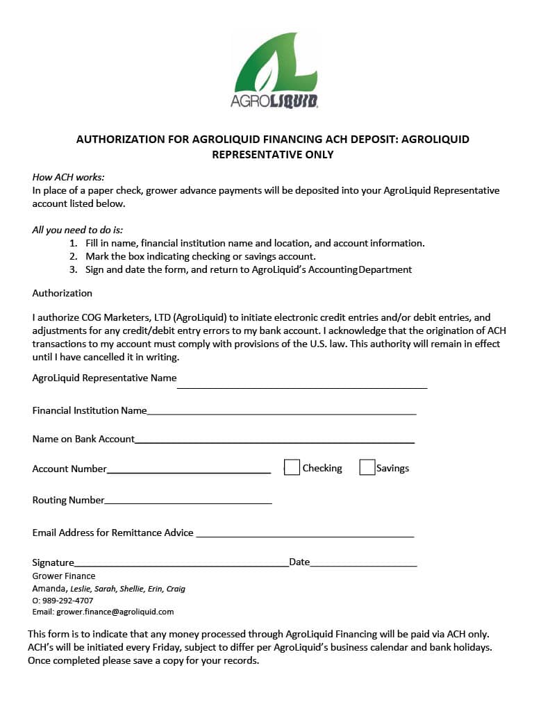 ach-deposit Authorization for AgroLiquid Financing ACH Deposit: AgroLiquid Representative Only